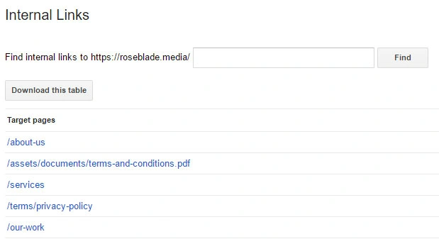Internal links page on Google Webmaster Tools